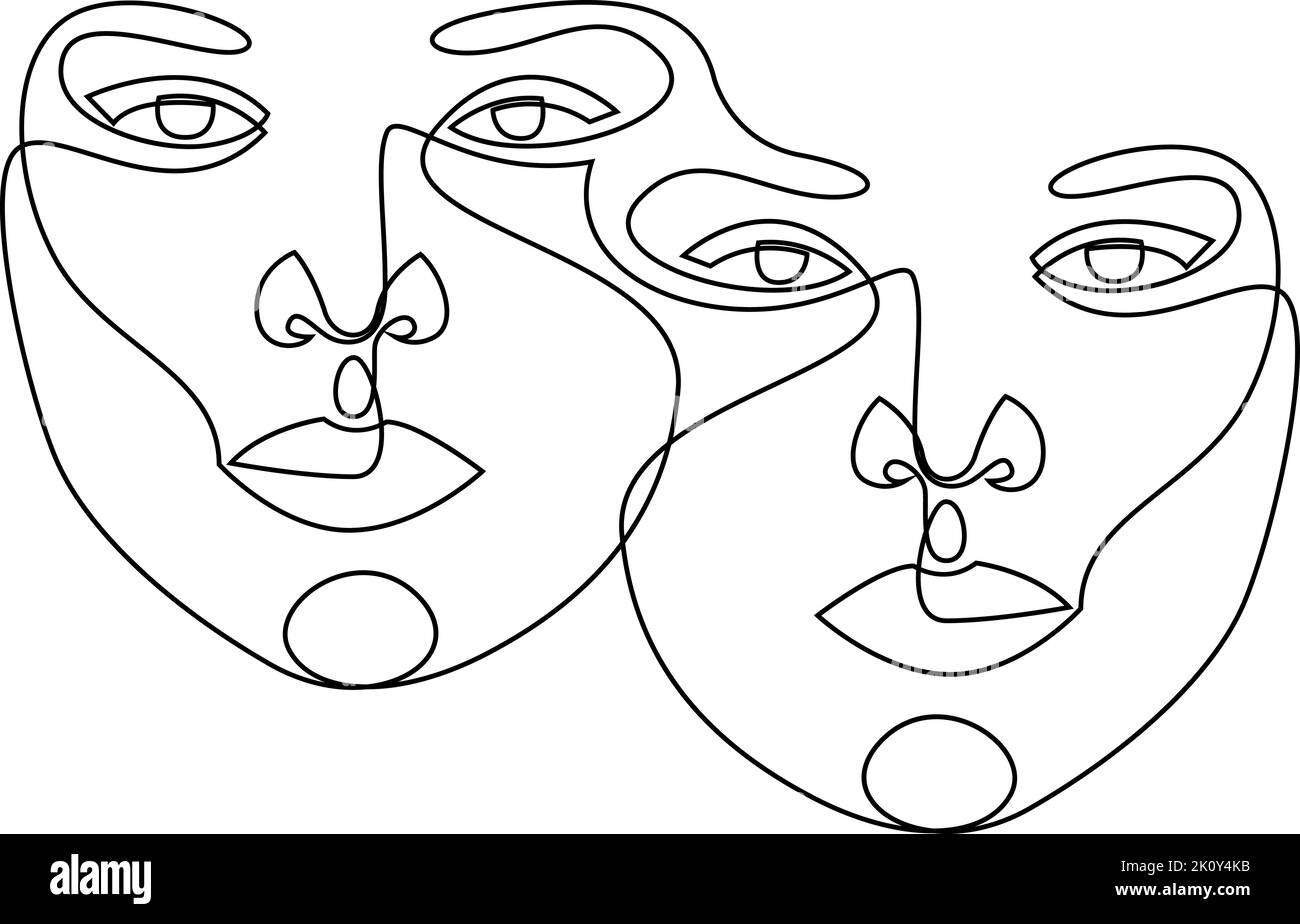 Fine one line drawing abstract two faces. Minimalism art, aesthetic