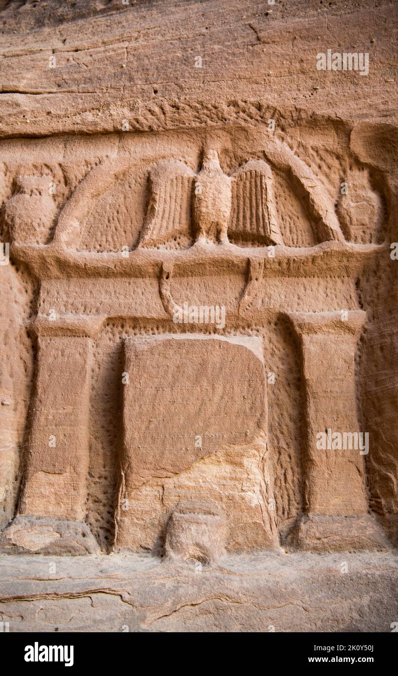Eagle emblem or cartouce abve tomb entrance Hegra Saudi Arabia 1 Stock Photo