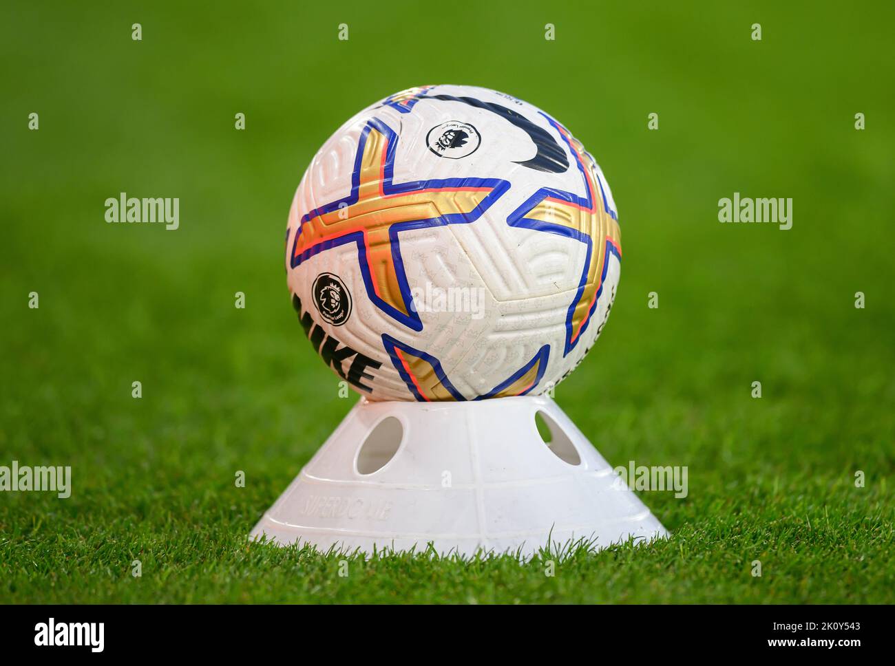 30 Aug 2022 - Crystal Palace v Brentford - Premier League - Selhurst Park  The official Nike match ball sits on a cone used in the multiball system during the match at Selhurst Park.  Picture : Mark Pain / Alamy Live News Stock Photo