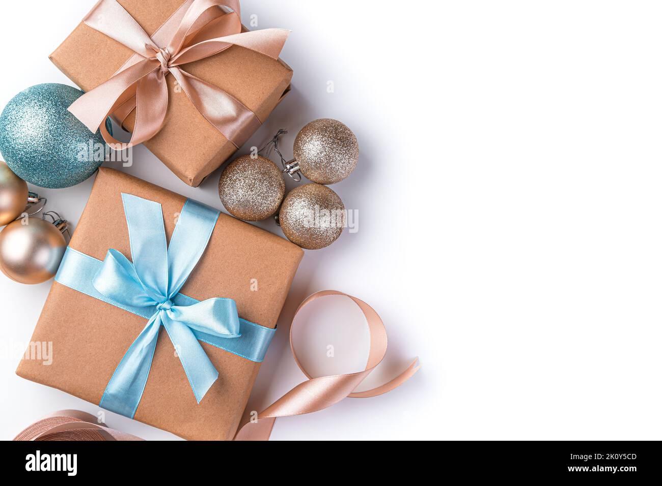 Gift boxes and Christmas decorations on a white background. Stock Photo