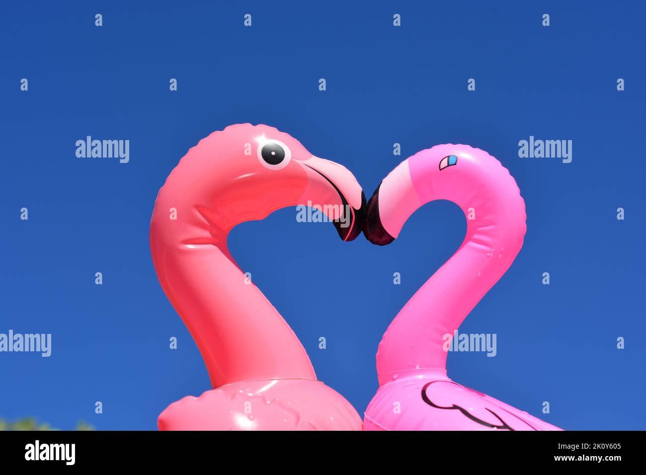 Two inflatable plastic flamingoes making a love heart shape against blue sky Stock Photo