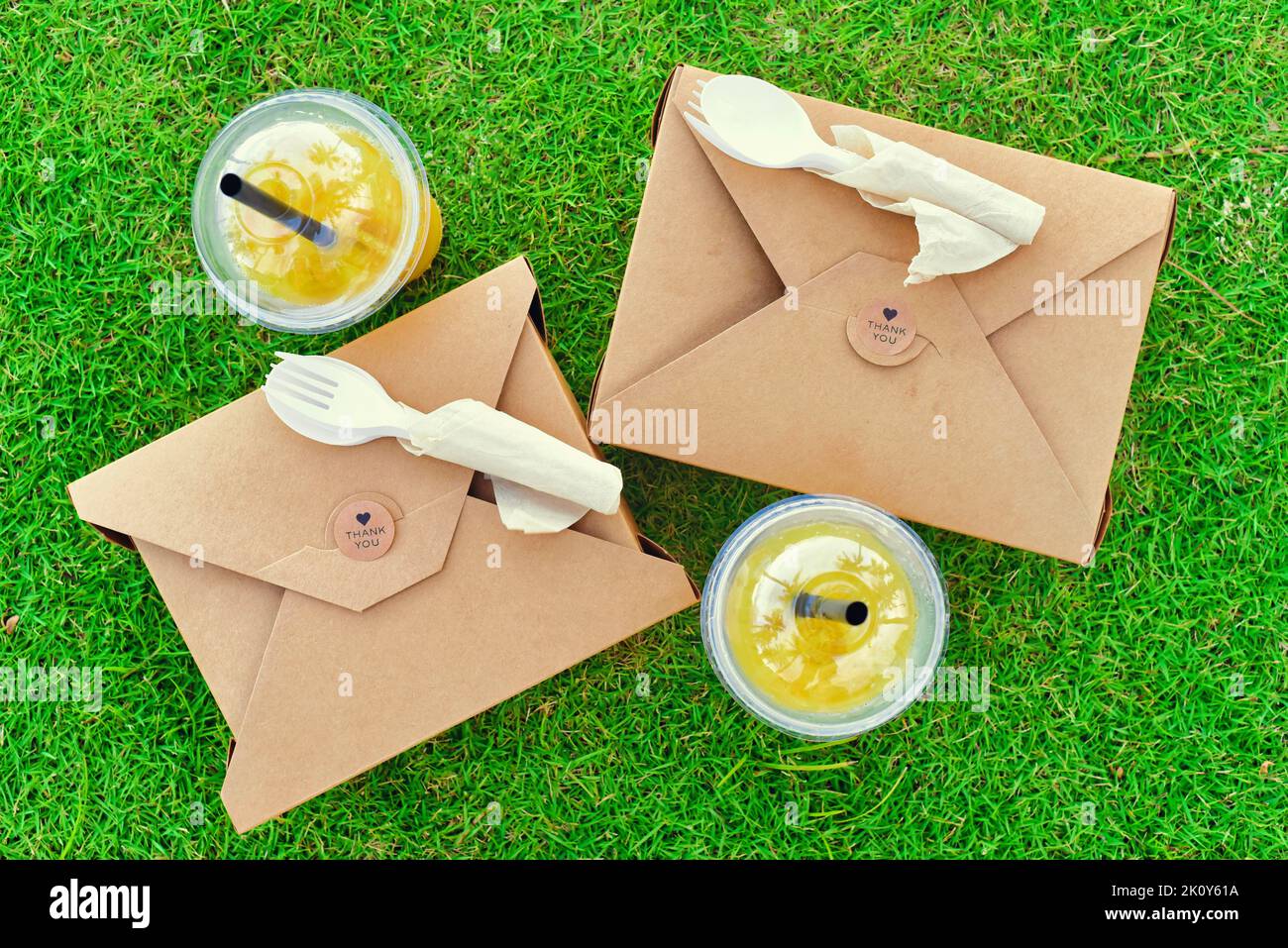 Take away food with  paper boxes and cups of iced tea on green grass Stock Photo