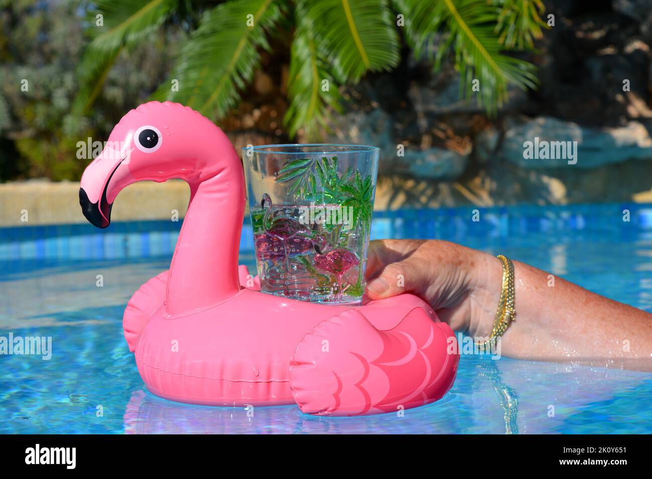 Refreshing drink in woman's hand, in bright pink flamingo glass and holder floating in swimming pool Stock Photo