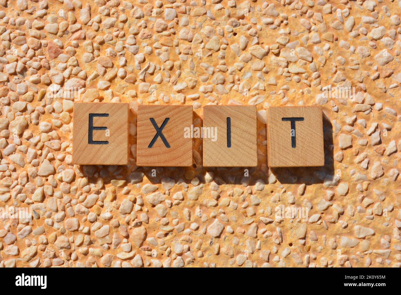 Exit, word in wooden alphabet letters isolated on textured stone background Stock Photo