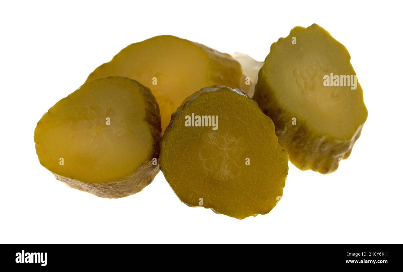 Side view of pickled cucumber slices isolated on a white background. Stock Photo