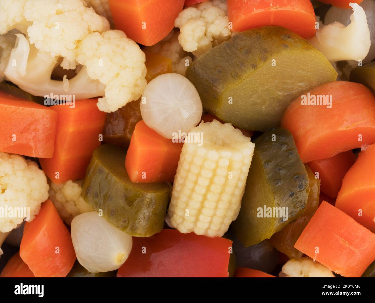 Very close view of assorted giardiniera pickled vegetables. Stock Photo