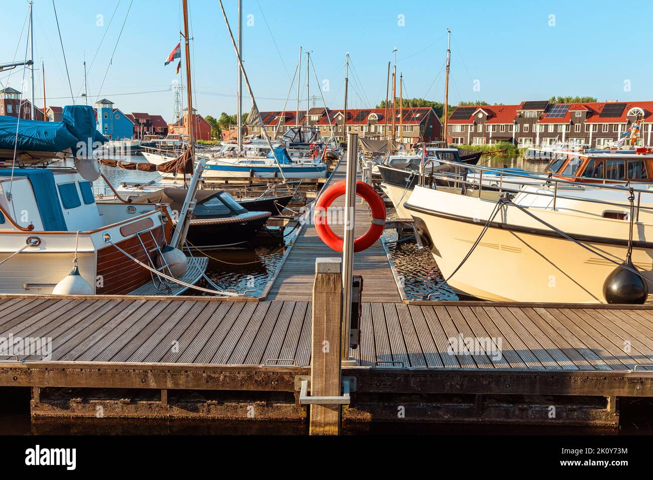 Colorful wooden houses in Reitdiephafen in Groningen, the Netherlands Stock Photo