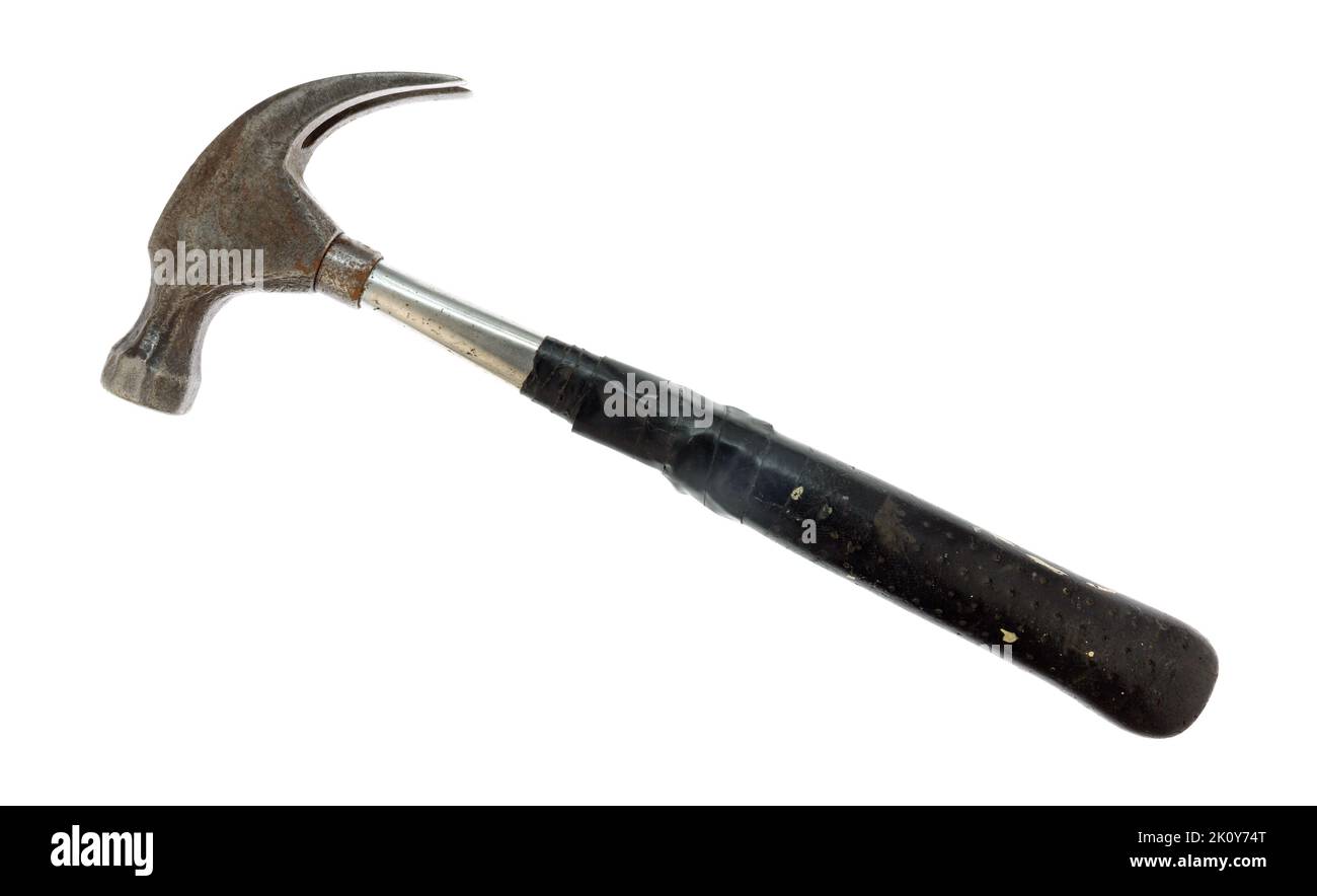 Vintage small hammer with black tape on the handle isolated on a white background. Stock Photo