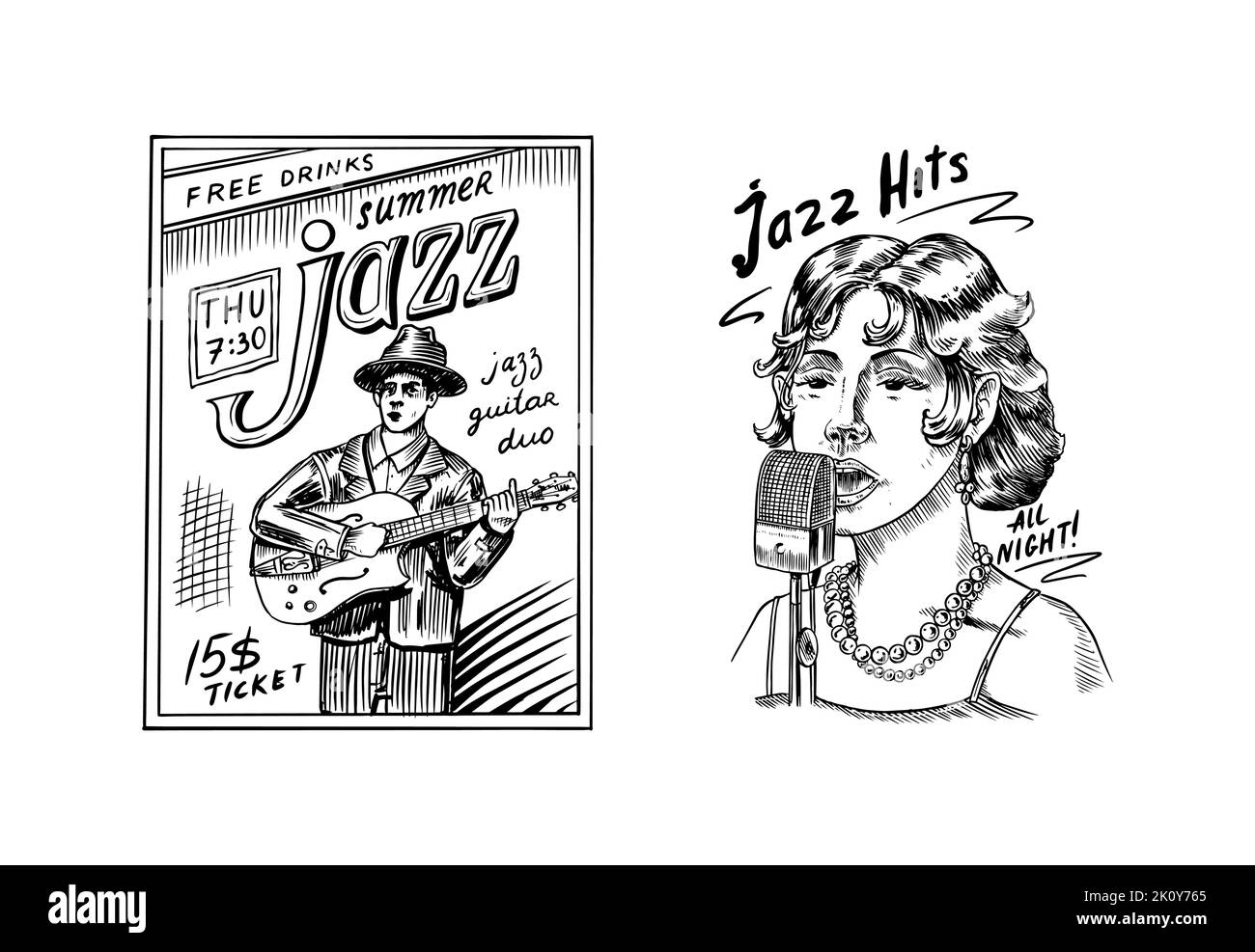 Woman jazz singer sings into a microphone. Male musician with a guitar