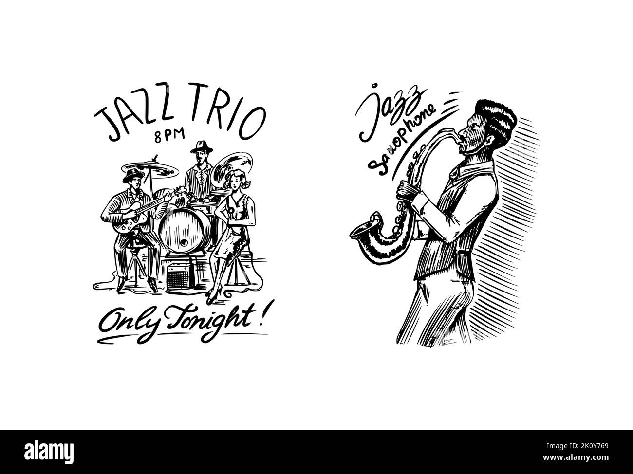Jazz band. Singer with microphone, guitarist and drummer. Afro American saxophonist. The trio play instruments. Hand drawn logo or badge. Sketch Stock Vector