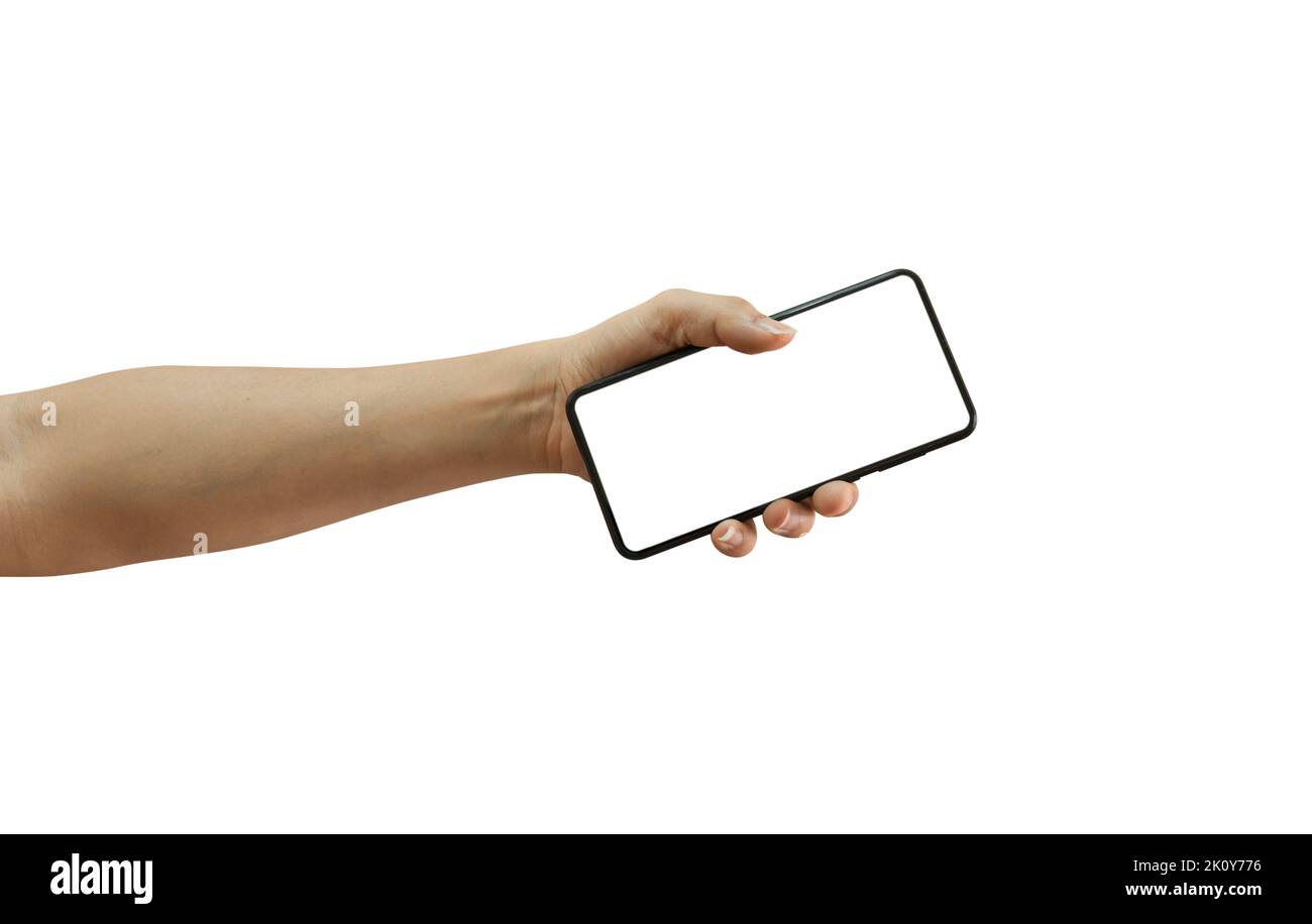 Man hand holding black smartphone with blank screen isolated on white ...