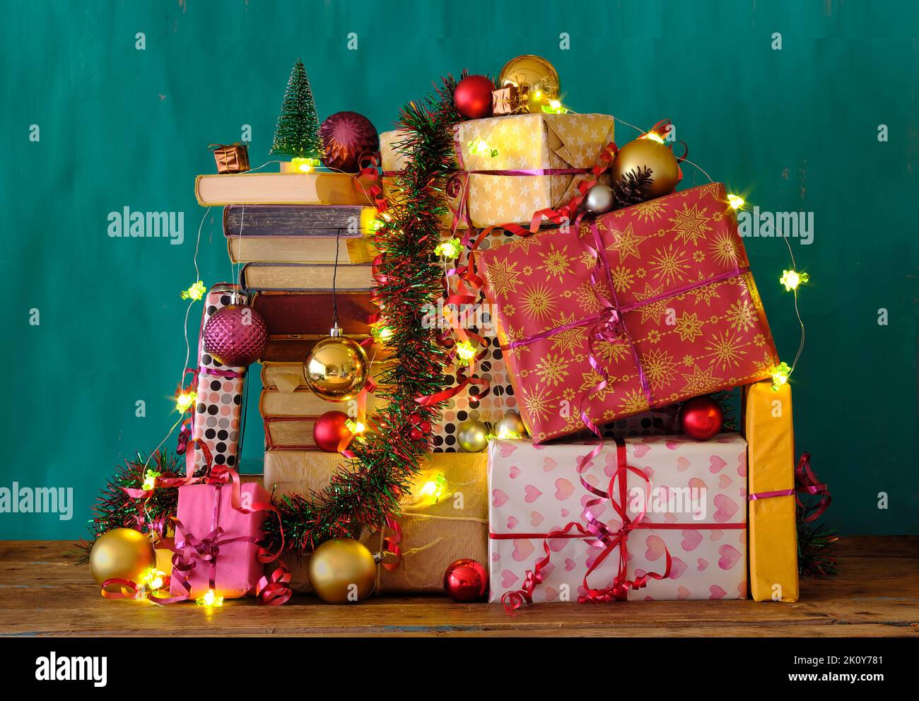 books as christmas gift,christmas present,reading,literature,education, christmas ,holiday, christmas tree and decoration Stock Photo