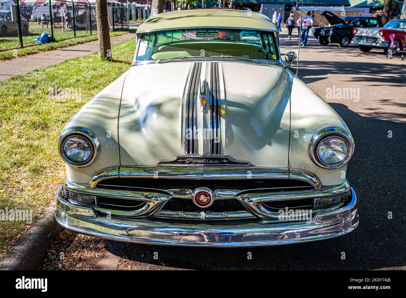 Falcon Heights, MN - June 18, 2022: High perspective front view of a 1953 Pontiac Chieftain 2 Door Sedan at a local car show. Stock Photo