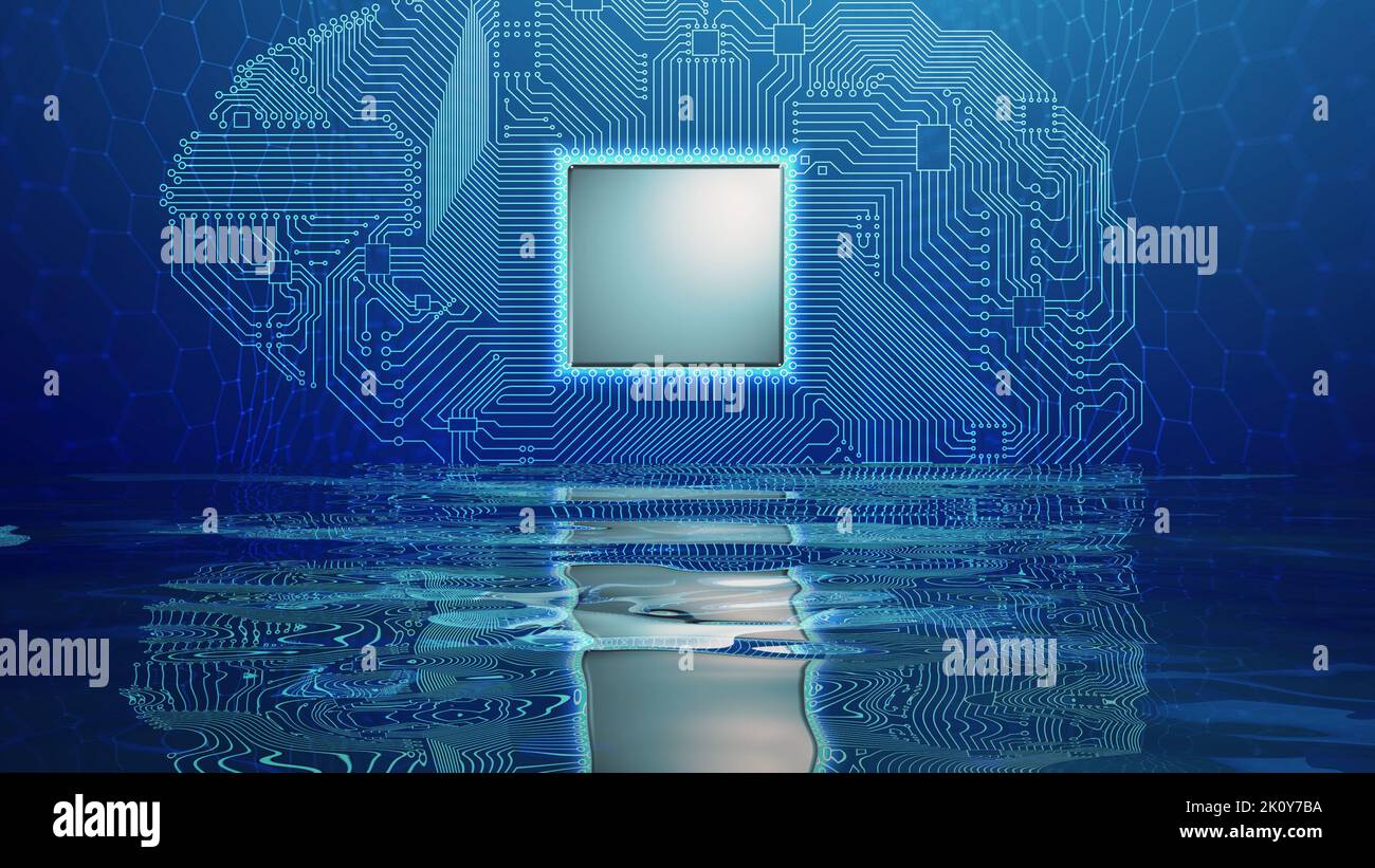 Brain circuit board blue technology illustration. Artificial intelligence human brain circuit. Big data and data science. Stock Photo