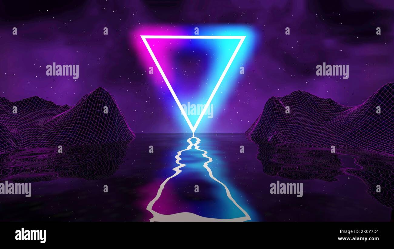 Retro futuristic background for game. Music 3d dance galaxy poster. 80s background disco. Space Neon triangle synthwave digital wireframe landscape. Stock Photo