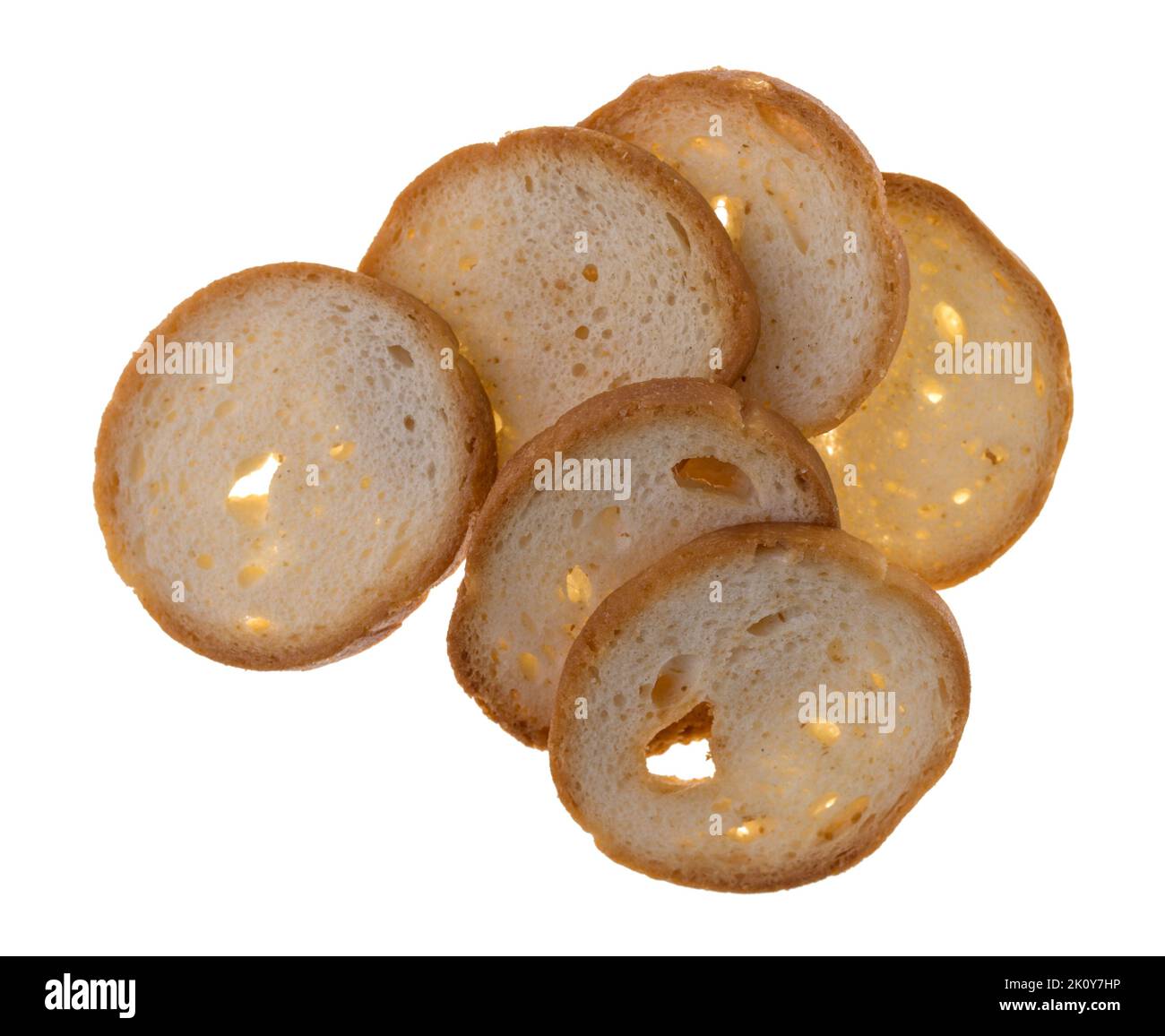 Top view of a group of round toasted crackers isolated on a white background. Stock Photo