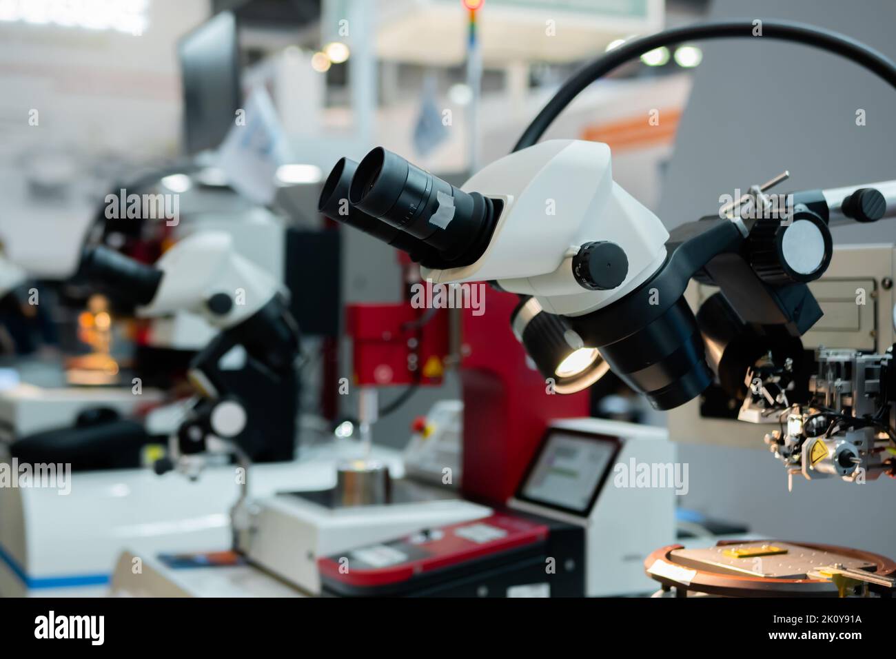Professional medical microscope in science lab, exhibition Stock Photo