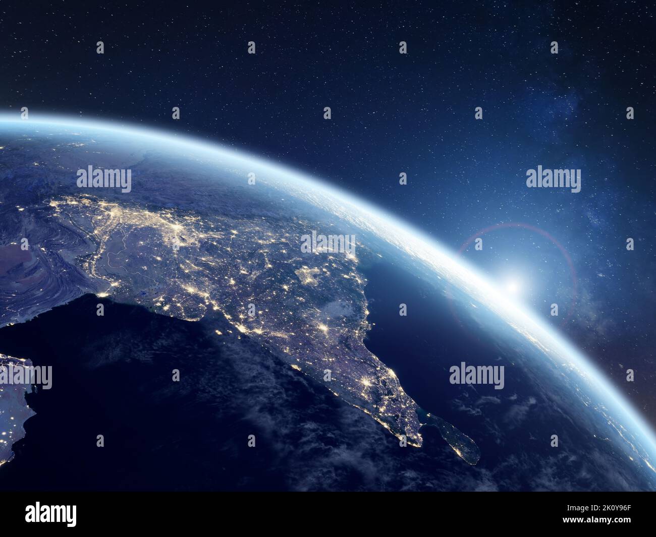 India at night viewed from space with city lights showing activity in Indian cities, Delhi, Mumbai, Bengalore. 3d render of planet Earth. Elements fro Stock Photo