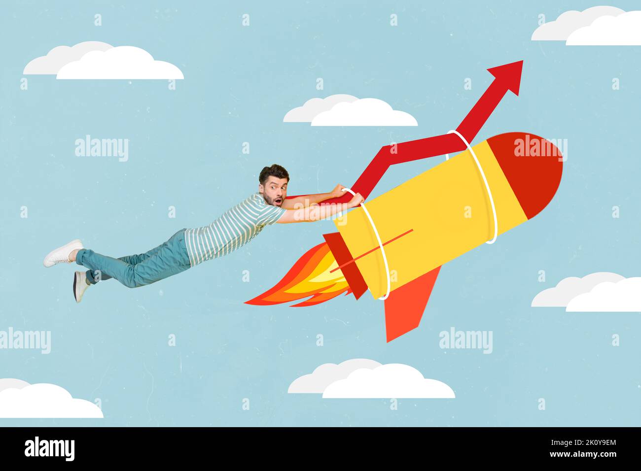 Сollage 3d artwork poster sketch of person achieve his goal flying on rocket up in sky grow professionally isolated on painting background Stock Photo