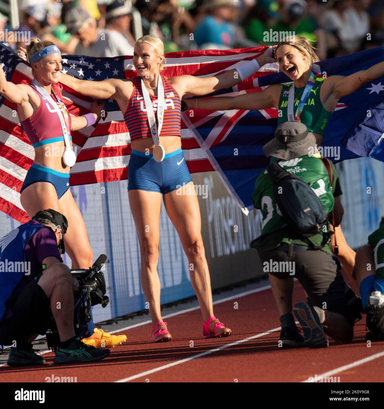 Katie Nageotte, Sandi Morris and Nina Kennedy celebrate after competing