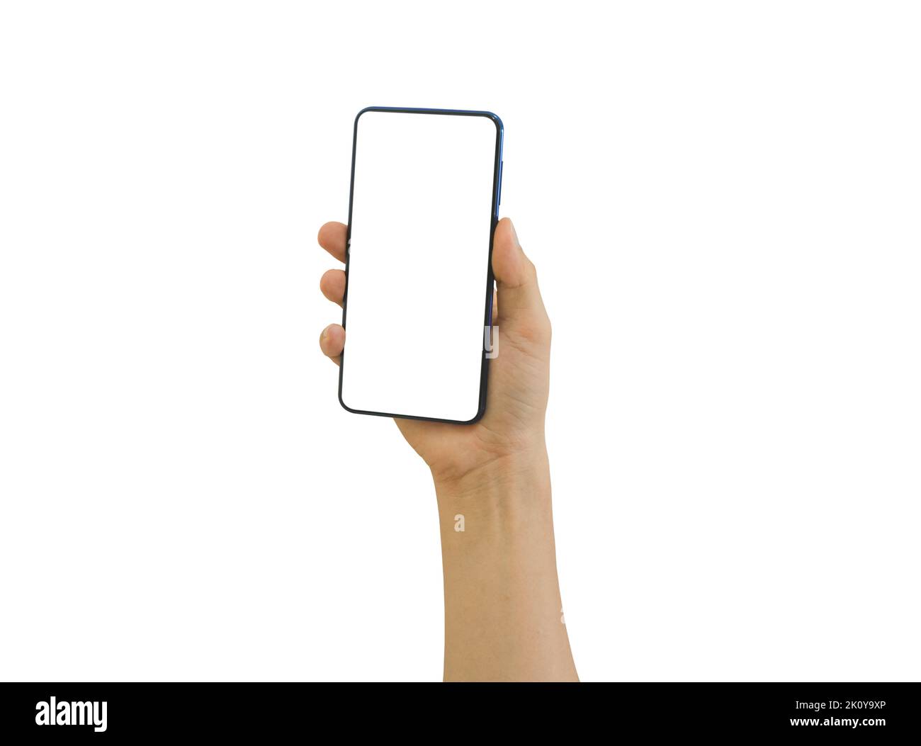 Male hand holding mobile smartphone with blank screen isolated on white ...