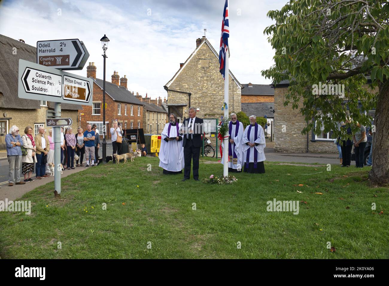 Proclamation of the accession of King Charles III by parish councillor on the green in the Bedfordshire village of Sharnbrook Stock Photo