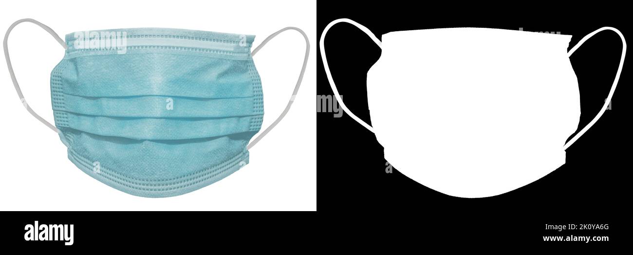 Surgical mask with rubber ear straps. Typical 3-ply surgical mask to cover the mouth and nose. Procedure mask from bacteria. Protection concept with c Stock Photo