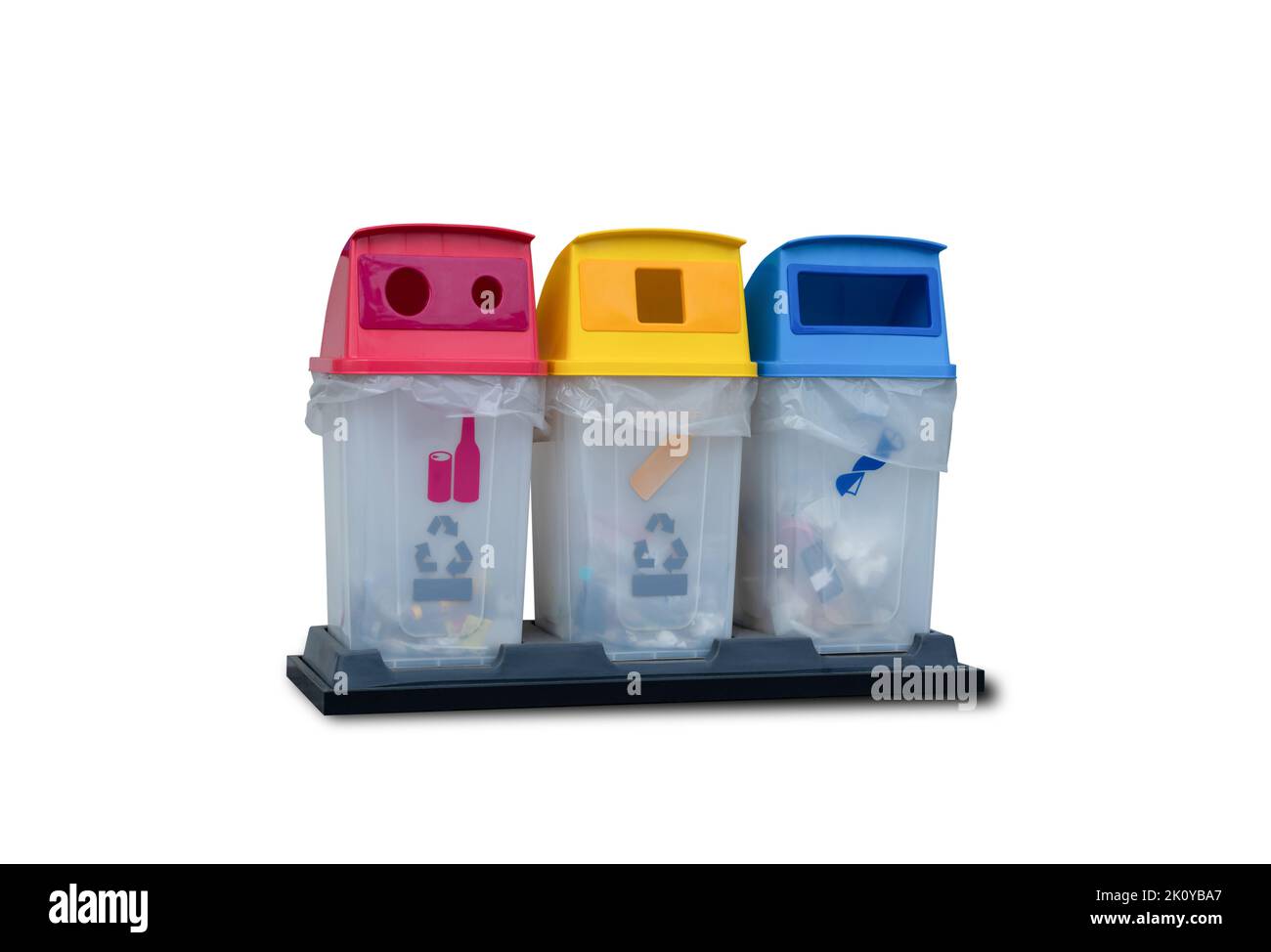 Three colorful recycle bin isolated on white background included clipping path. Bins with recycle symbol Stock Photo