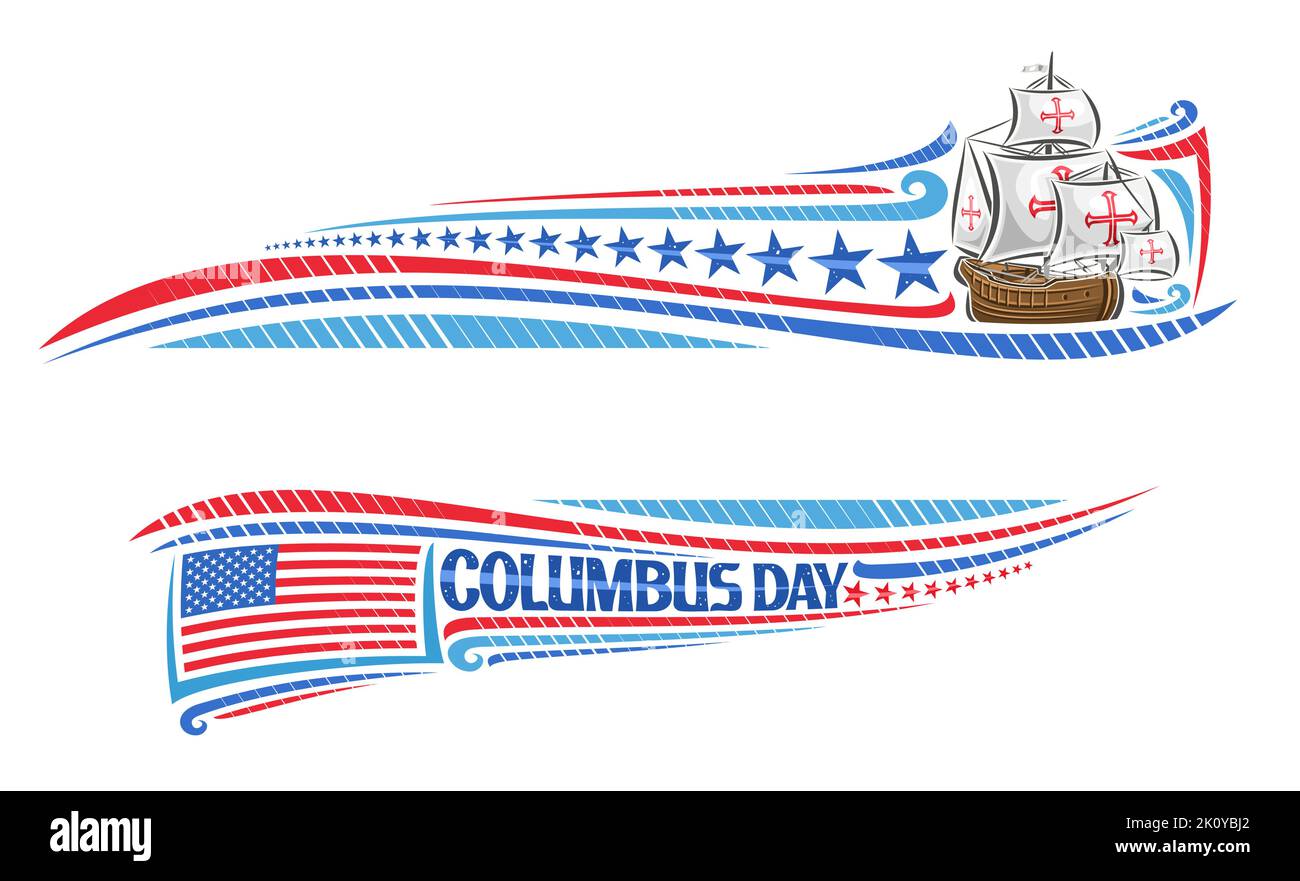 Vector border for Columbus Day with blank copy space for congratulation text, illustration of vintage ship, national american flag, blue and red decor Stock Vector