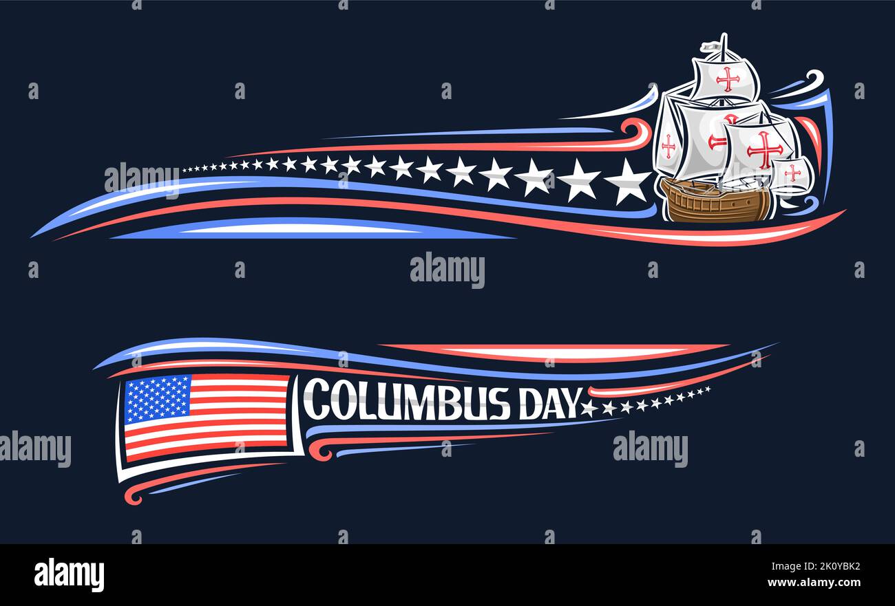 Vector border for Columbus Day with empty copyspace for congratulation text, illustration of ancient columbus ship, national american flag, decorative Stock Vector