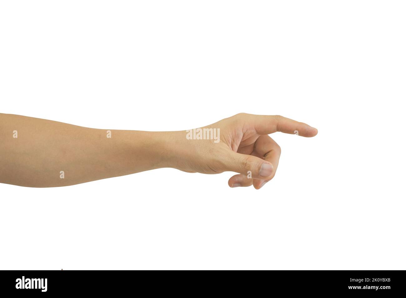 Man's hand pointing at something isolated on white background. Include ...