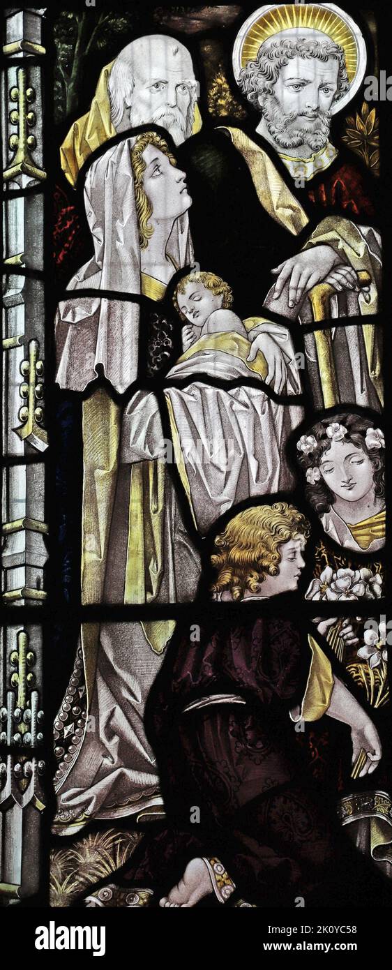 Detail from a stained glass window by Percy Bacon & Brothers depicting Christ Blessing Children, Church of St Wenna, St Wenn, Cornwall Stock Photo