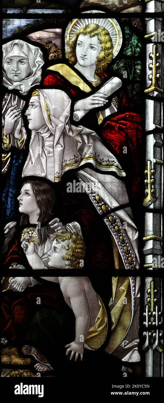 Detail of a stained glass window by Percy Bacon & Brothers depicting Christ Blessing Children, Church of St Wenna, St Wenn, Cornwall Stock Photo