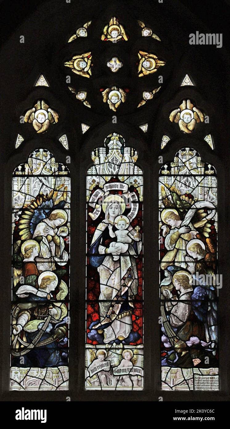 Stained glass window by Percy Bacon & Brothers depicting The Virgin & Child with Angelic Host, St Columba's Church, St Columb Major, Cornwall Stock Photo