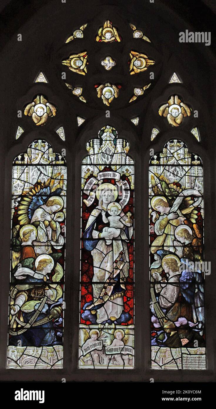 Stained glass window by Percy Bacon & Brothers depicting The Virgin & Child with Angelic Host, St Columba's Church, St Columb Major, Cornwall Stock Photo