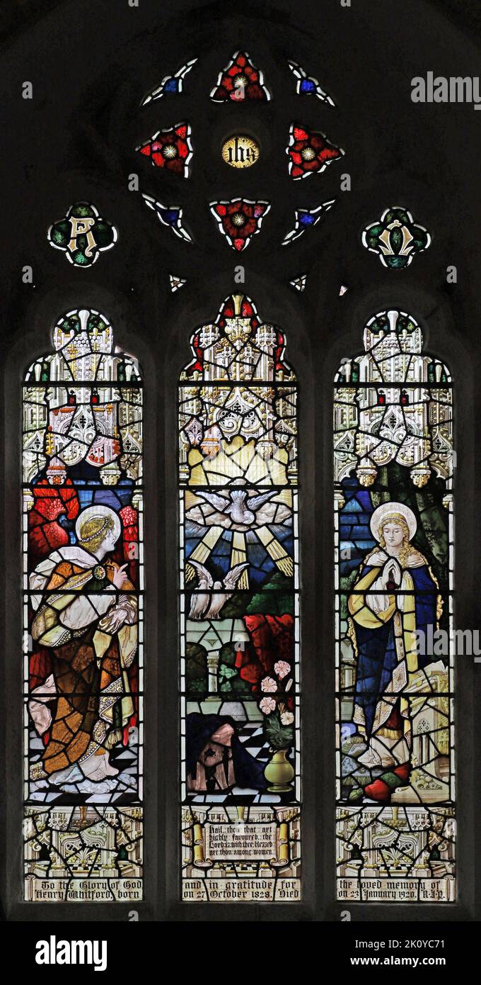 Stained glass window by Percy Bacon & Brothers depicting the Annunciation to the Virgin, St Columba's Church, St Columb Major, Cornwall Stock Photo
