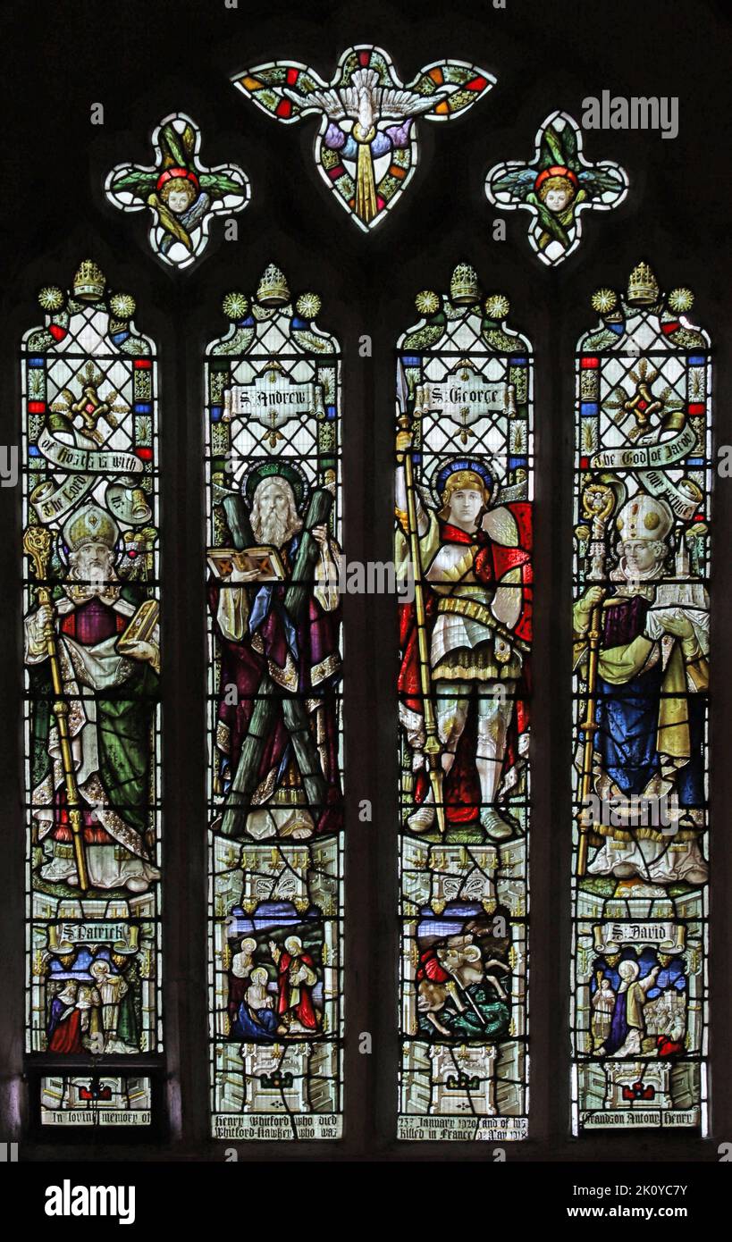 Stained glass window by Percy Bacon depicting Saints Patrick, Andrew
