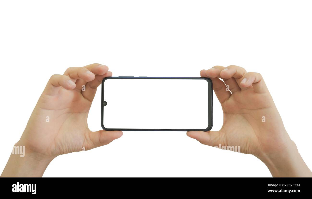 Two hands holding black smartphone with blank white screen isolated on ...