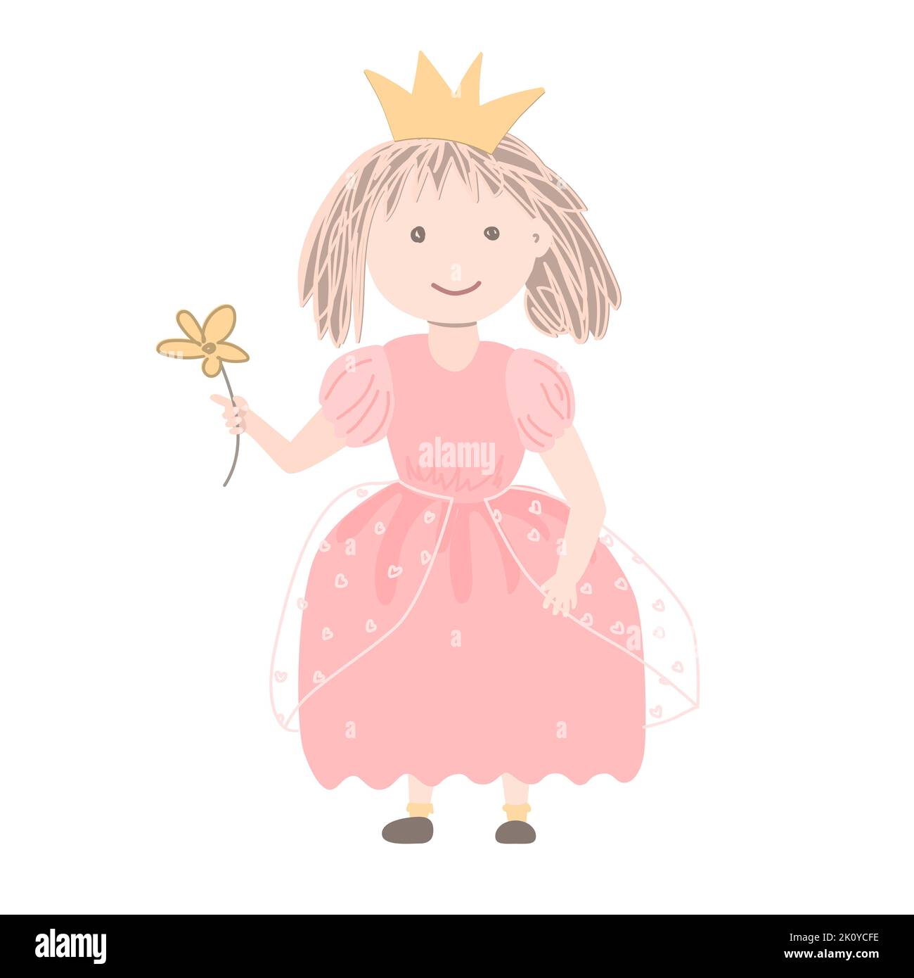 Cute little princess in a beautiful with a flower. Vector illustration in hand-drawn Scandinavian style in pastel palette. Ideal for printing baby Stock Vector