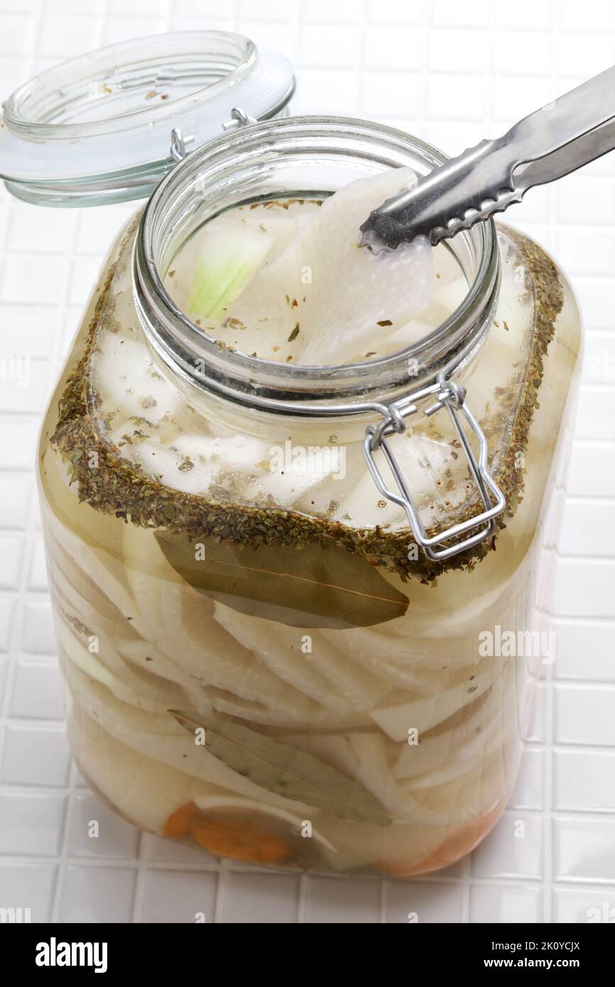 homemade Cueritos is a Mexican vinegared pickled pork rinds. Stock Photo