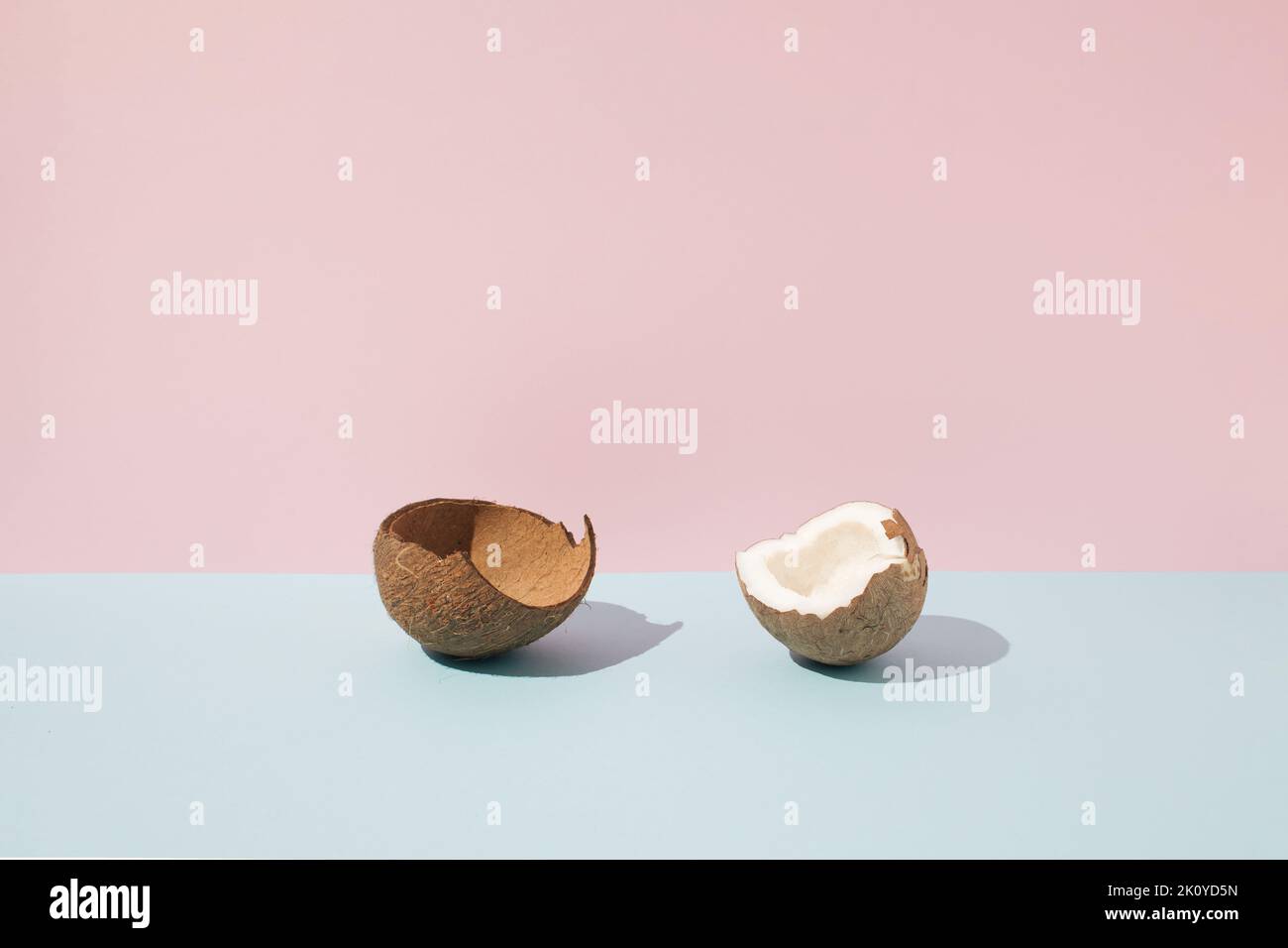 Broken coconut on pastel background. Stock Photo