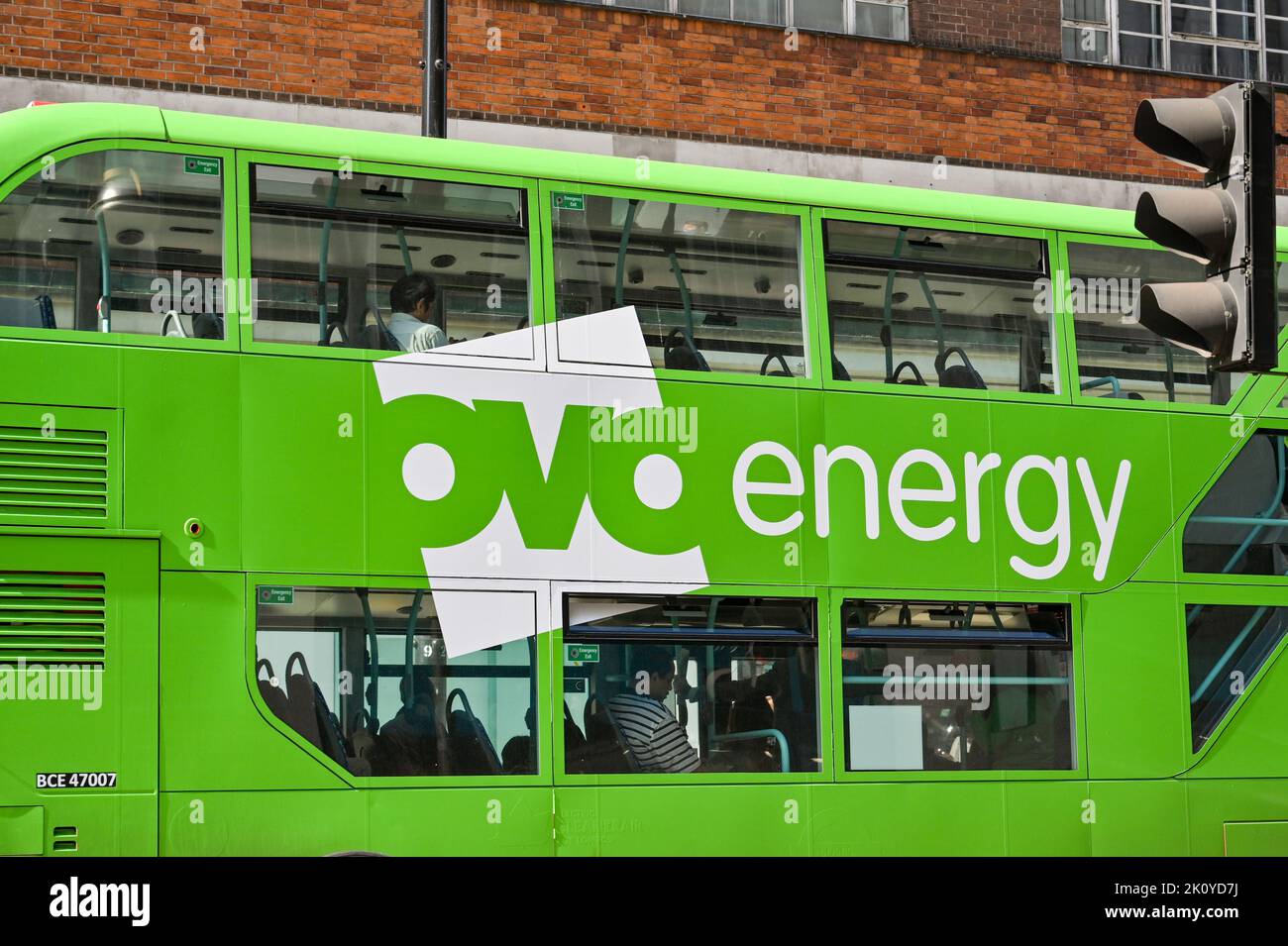 London, United Kingdom - June 2022: London double decker bus sponsored by the OVO Energy company Stock Photo