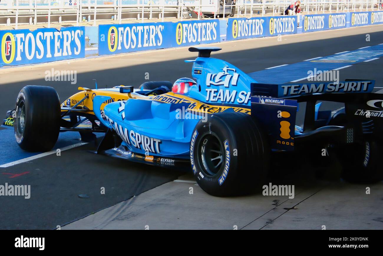 Renault Formula 1 car leaving pit driven by Nelson Piquet Jr on debut test day Silverstone race circuit UK 20 September 2006 Stock Photo
