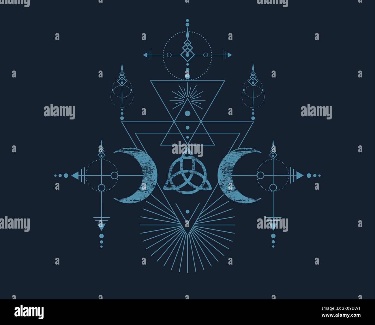 Triple Goddess and Triquetra , Sacred Geometry, tribal triangles, moon phases in Shaman boho vintage style. Retro, astrology, alchemy, and magic SIGN Stock Vector