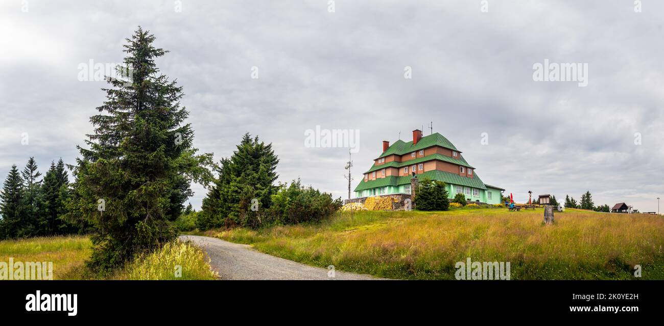 landscape with mountain hiking Masaryk's Chalet below the Serlich peak, Orlicke Mountains, Czech republic Stock Photo