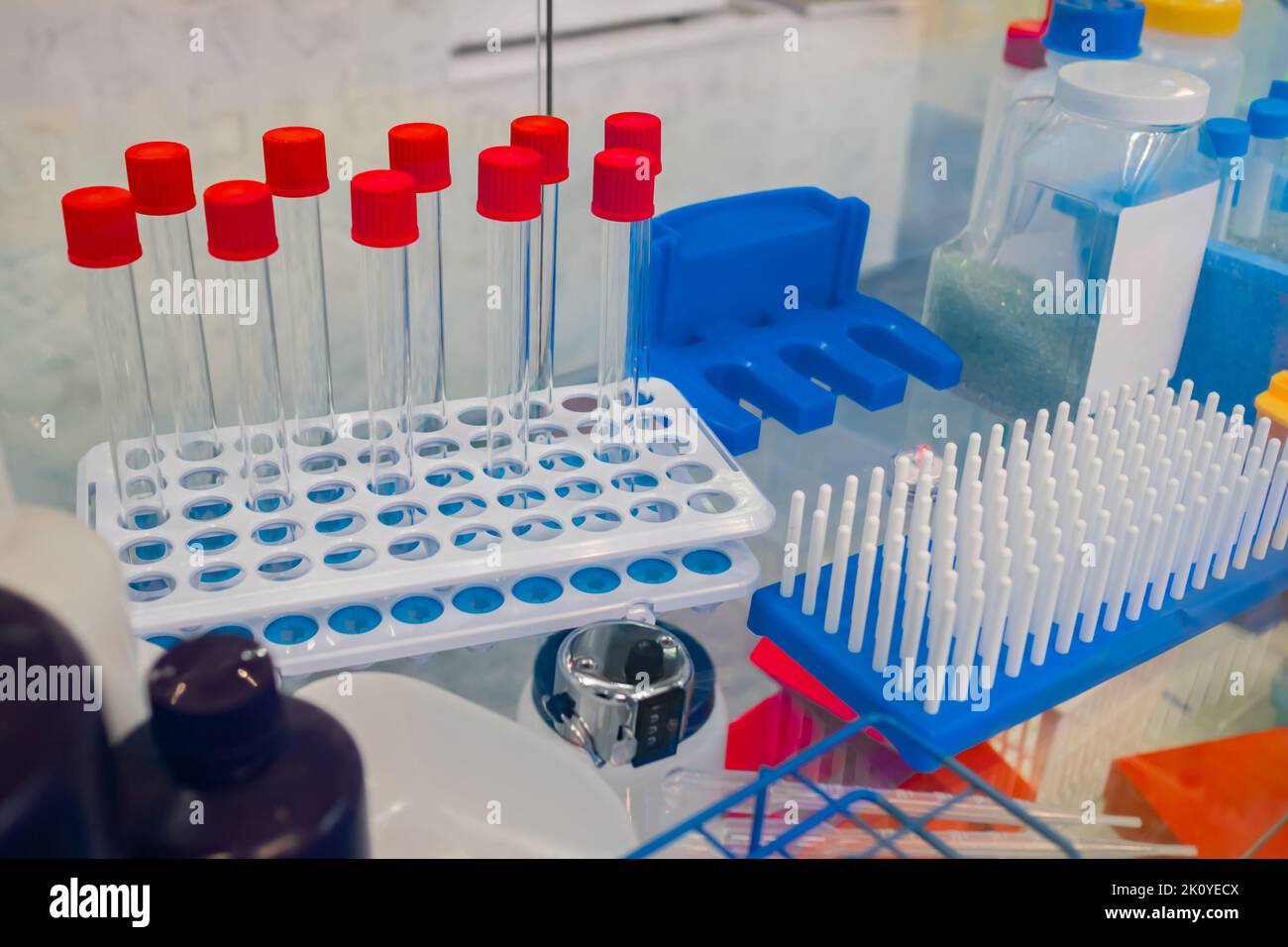 Medical glass vials in showcase at pharmaceutical exhibition Stock