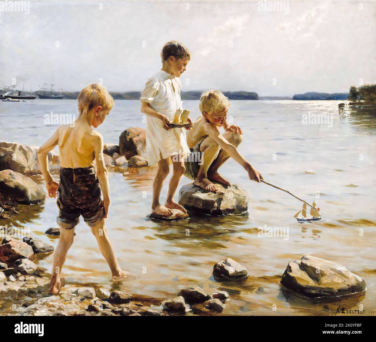 Albert Edelfelt painting, Boys Playing on the Shore (Children Playing on the Shore), oil on canvas, 1884 Stock Photo