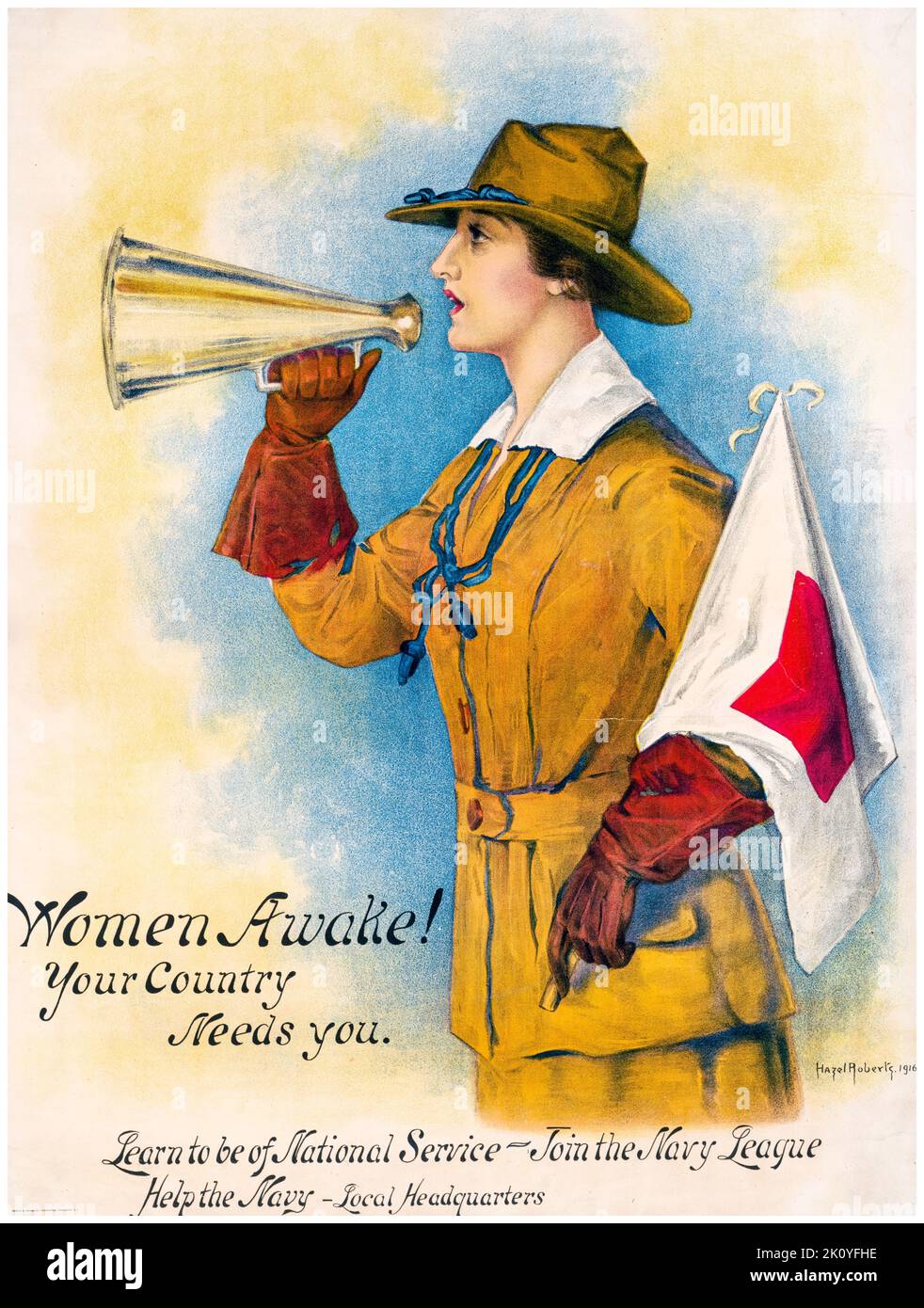 American, US, WW1, Female recruitment poster, Women awake!: Your country needs you, join the Navy League, by Hazel Roberts, 1916 Stock Photo