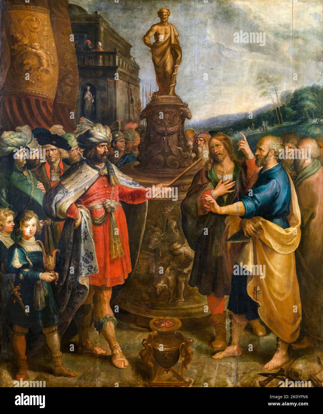 The Emperor Diocletian (circa 242/245-311/312), shows the Statue of Asclepius, painting in oil by Frans Francken the Younger, 1624 Stock Photo