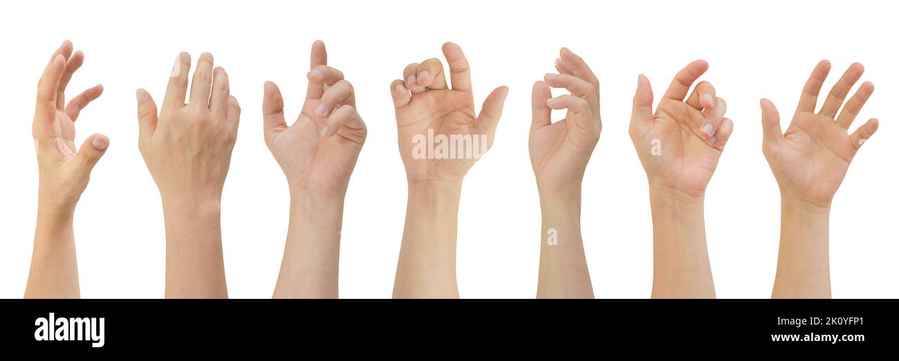 Group of Male hands gestures isolated on white background included clipping path. Stock Photo